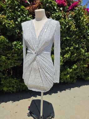Blanco Silver Sequin Mini Dress Women's Small Long Sleeve V Neck Ruched